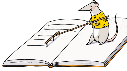 KiJuBu-Maskottchen steht mit einem Rechen auf einem Buch. Sie Spuren die er mit dem Rechen zieht sind die Zeilen im Buch.