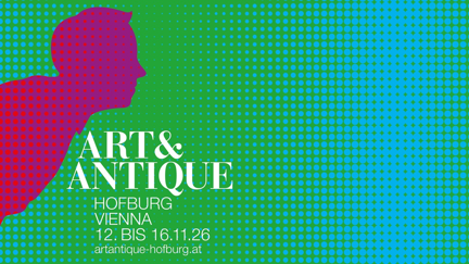 Sujet der ART&ANTIQUE HOFBURG Vienna: Grüner Hintergrund mit blauen Punkten, darauf der typische Watcher der ART&ANTIQUE in lila mit roten Punkten