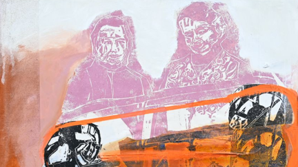 Lena Göbel, Übertragung I, 2026, Holzschnitt, Papier, Öl auf Leinwand, 180 x 140 cm © Bildrecht, Wien 2026